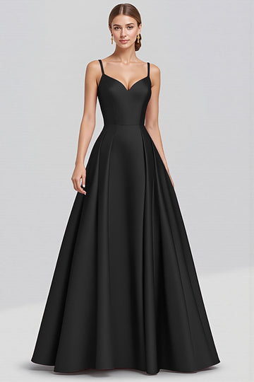 A Line Spaghetti Straps Satin Long Black Formal Dress